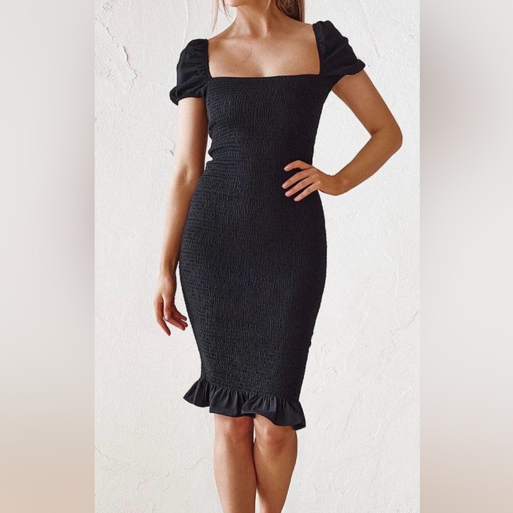 Minnie & Co black smocked ruffle midi dress, size 10